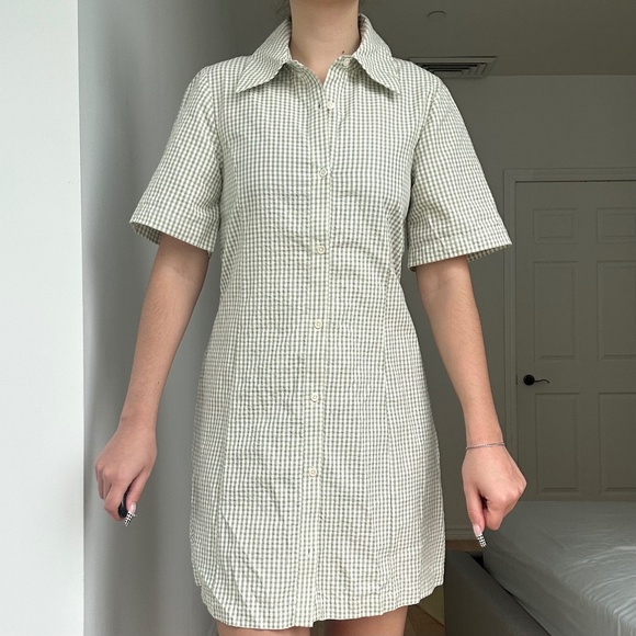 GINGHAM GREEN+CREAM COLLARED DRESS - Picture 1 of 5